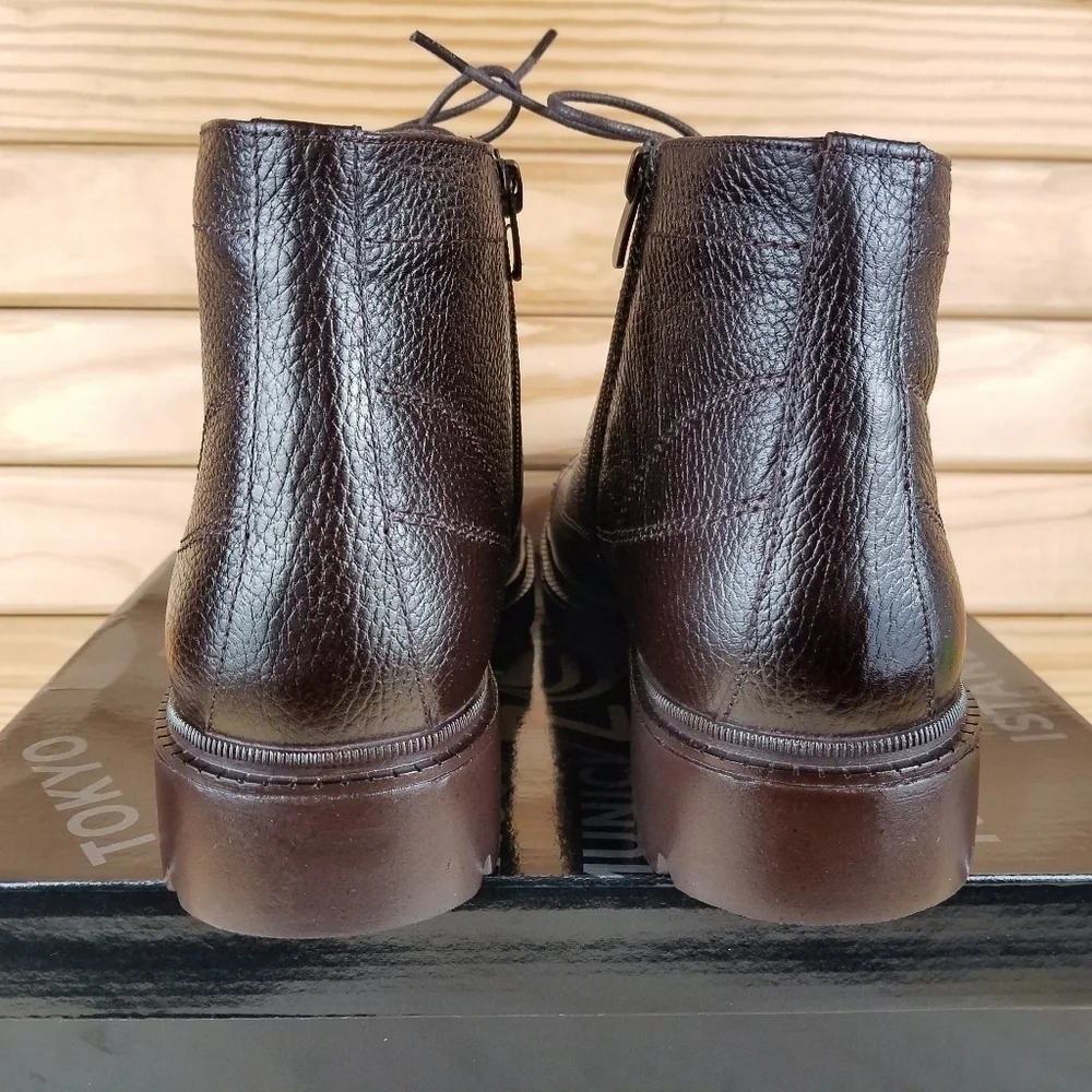 Mens 100% Genuine Leather Brown Ankle Boots 9 US by Paul Branco Side Zip Lace-up